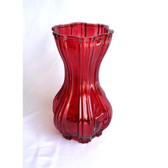 Vintage Red Glass Hourglass Shape Vase with Acorn Logo on bottom - Picture 2 of 7